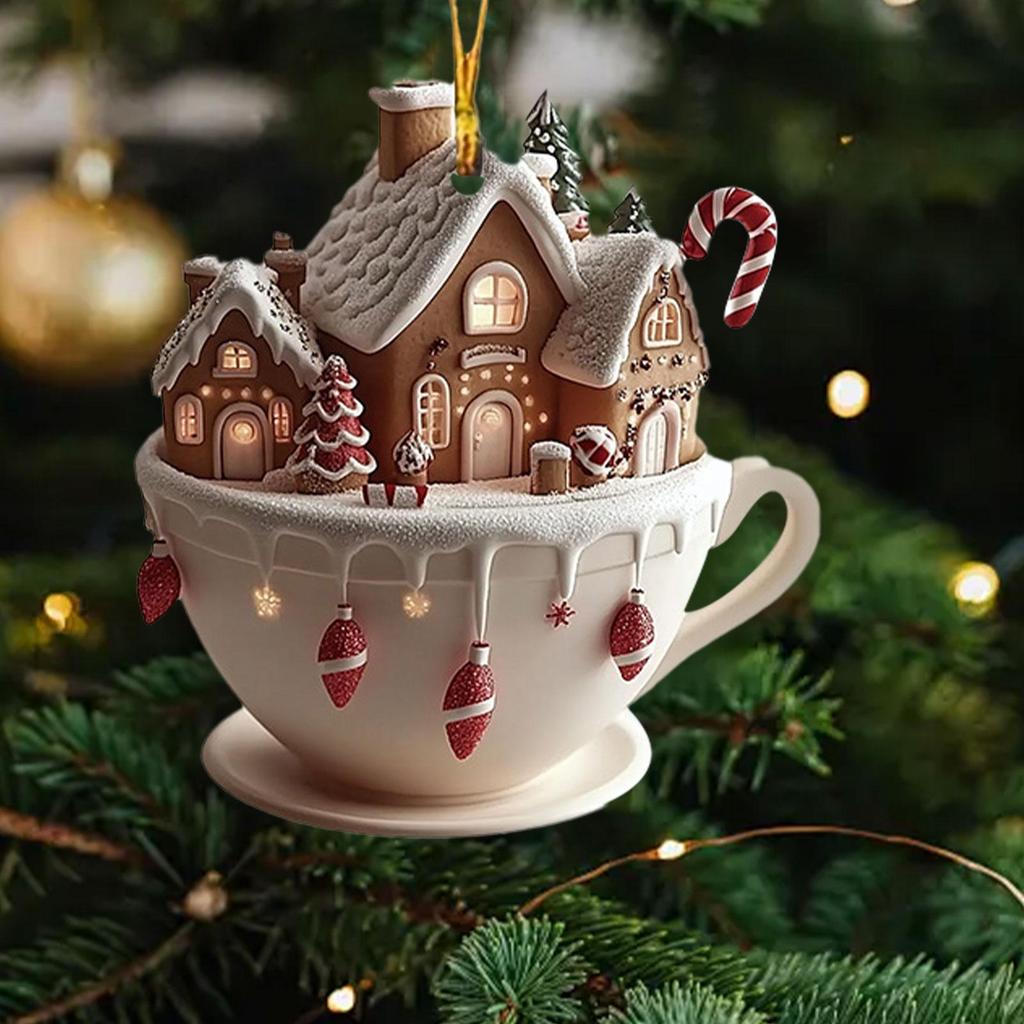 Christmas Tree Ornaments Cup House Shape Vintage Decorative Ornament Decor 2D Festive Acrylic Pendant for Hallway Bedroom