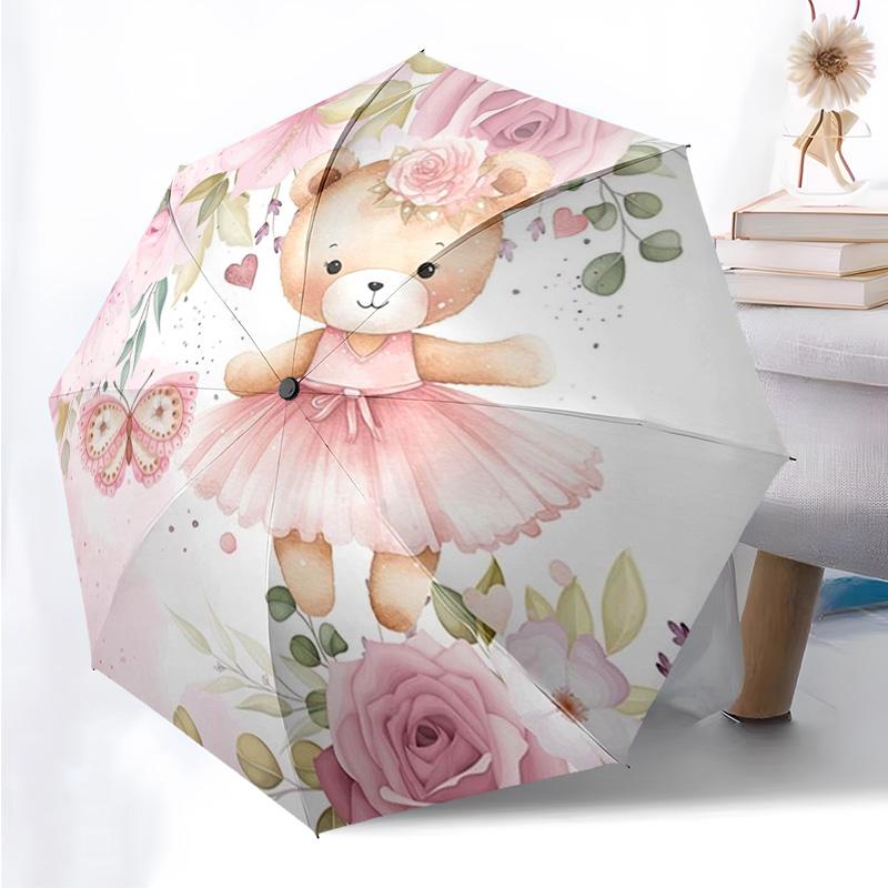 Cute Bear Pattern Folding Umbrella Fashion Auto-Open 8 Iron Ribs Plastic Handle Foldable Sunshade Perfect Christmas Gifts