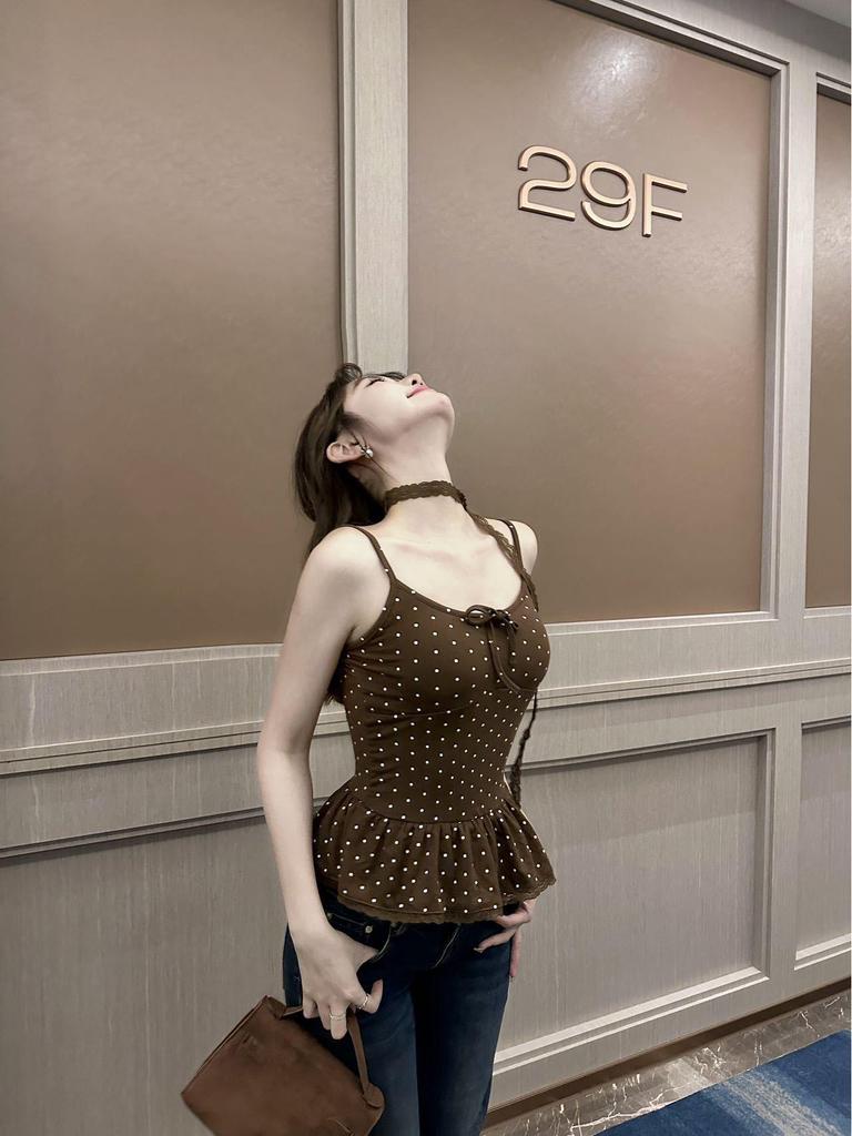 Sweet Polka Dot Lace-Up Spaghetti Strap Bow Tank Top for Women