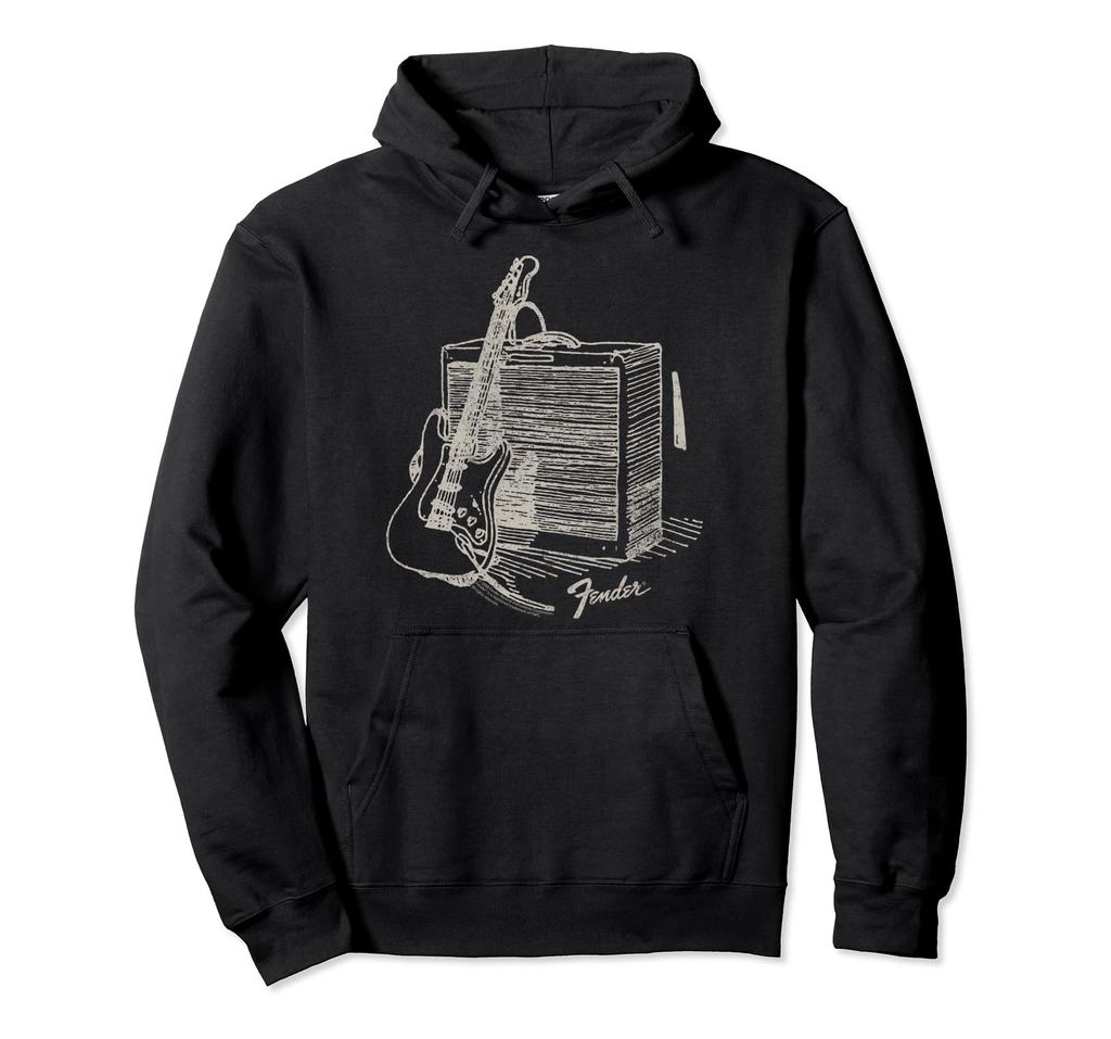 Fender Guitar Resting On Amplifier Retro Outline Image Hoodie
