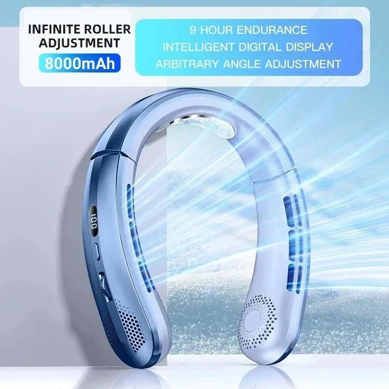 Ventilatore Elettrico Portatile da Collo 8000mAh Senza Pale Mini Ricaricabile Silenzioso Display Digitale LED Raffreddatore d'Aria per Esterno