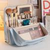 Bolsa de Maquillaje Portátil de Cuero PU con Soporte Gran Capacidad Impermeable con Compartimentos Estuche para Bolígrafos de Estudiante para Viajes