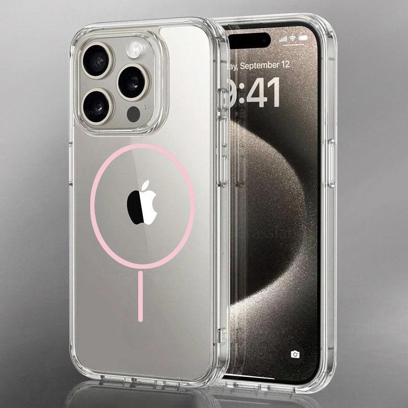 Luxury Fine For Magsafe Magnetic Wireless Charge Case for iPhone 16 15 14 Pro Max 13 12 Mini 11 16e Plus Transparent Back Cover