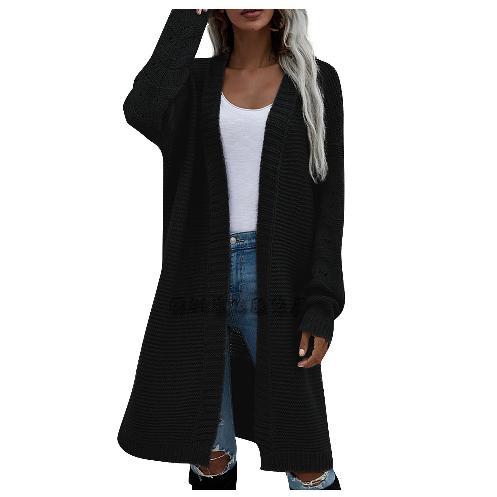 

Женский однотонный длинный повседневный кардиган, вязаный со свободным свитером-пальто One Size чёрный