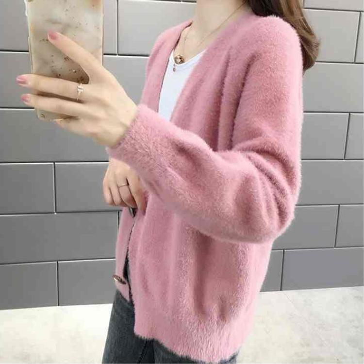 Casaco Cardigan Feminino Curto Solto Primavera Outono Cor Sólida Lã Sintética de Vison Tricotado Botão Suéter