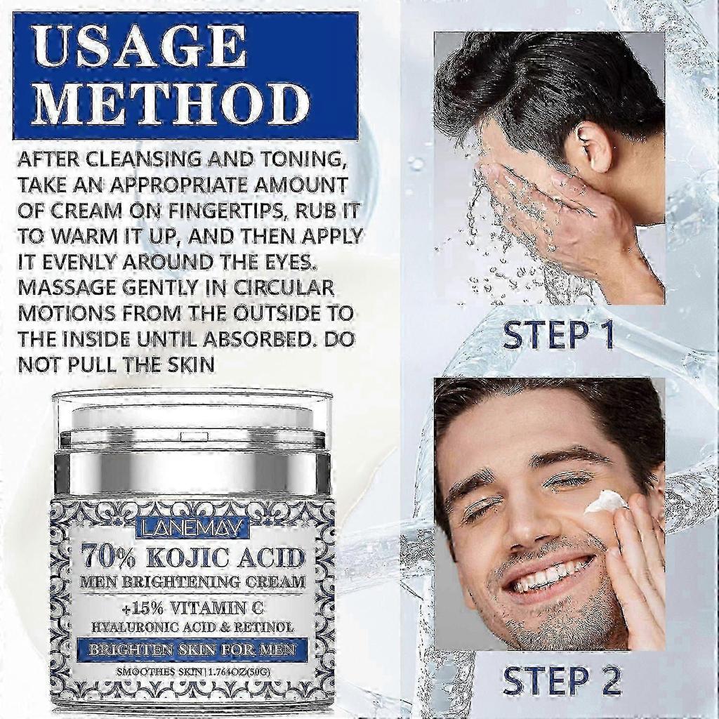 70% Kojic Acid Men's Brightening Cream with Vitamin C, Hyaluronic Acid & Retinol Skin Lightening, Hydration & Anti-Aging, 50G Non-Greasy Formula for