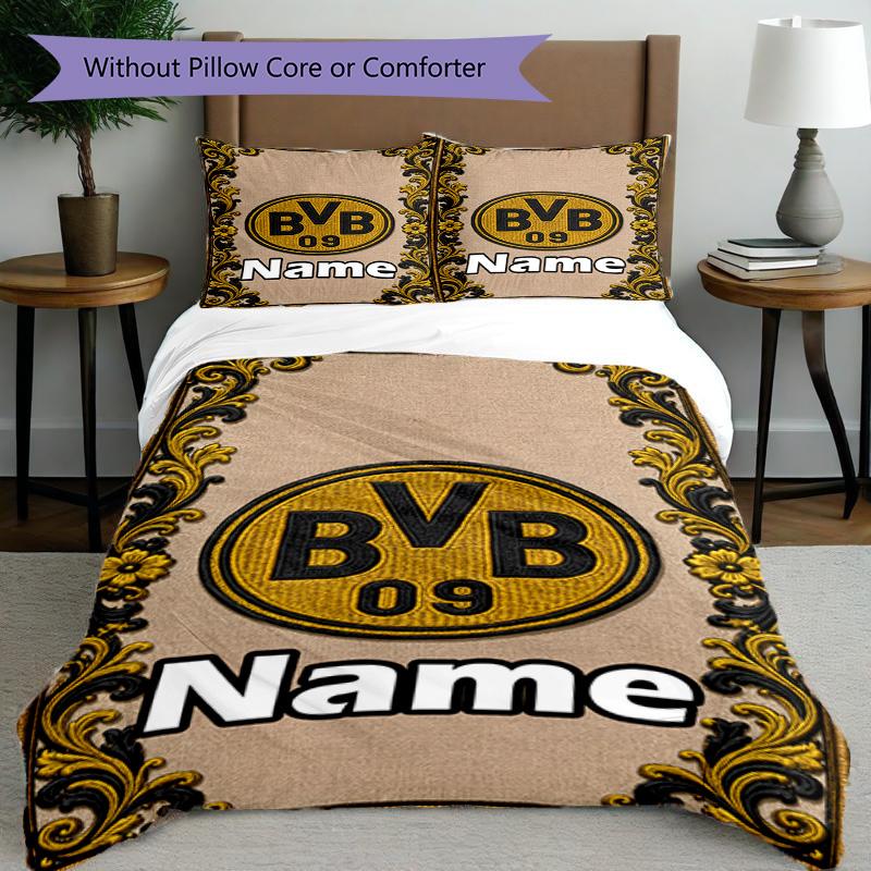 3pcs Duvet Cover Set (1*Duvet Cover + 2*Pillowcase, Without Core), Custom Name Borussia Dortmund Pattern Bedding Set, Home Bedroom Decor Gift
