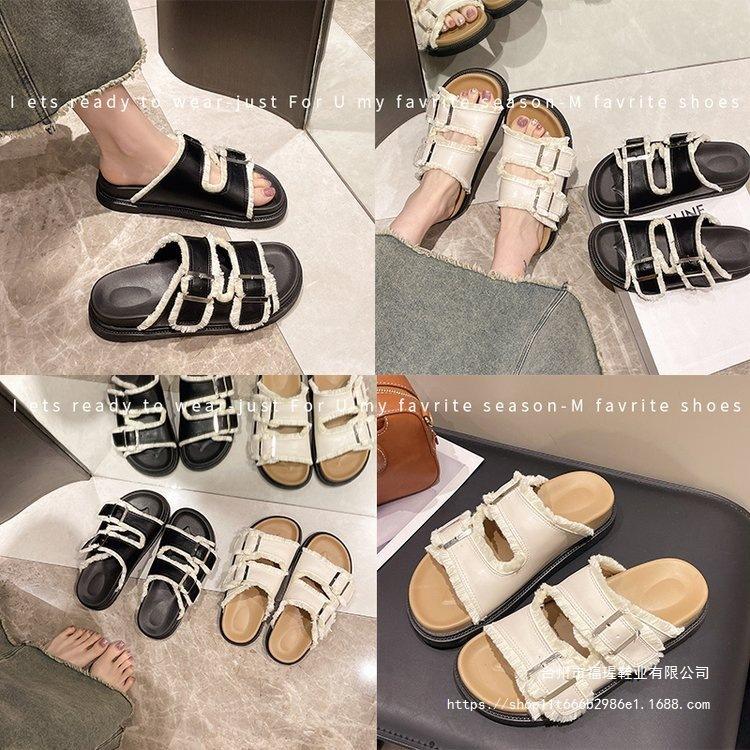 Summer new product flat bottom non-slip round head open toe women's flat bottom non-slip cool slippers solid color women's shoes black beige