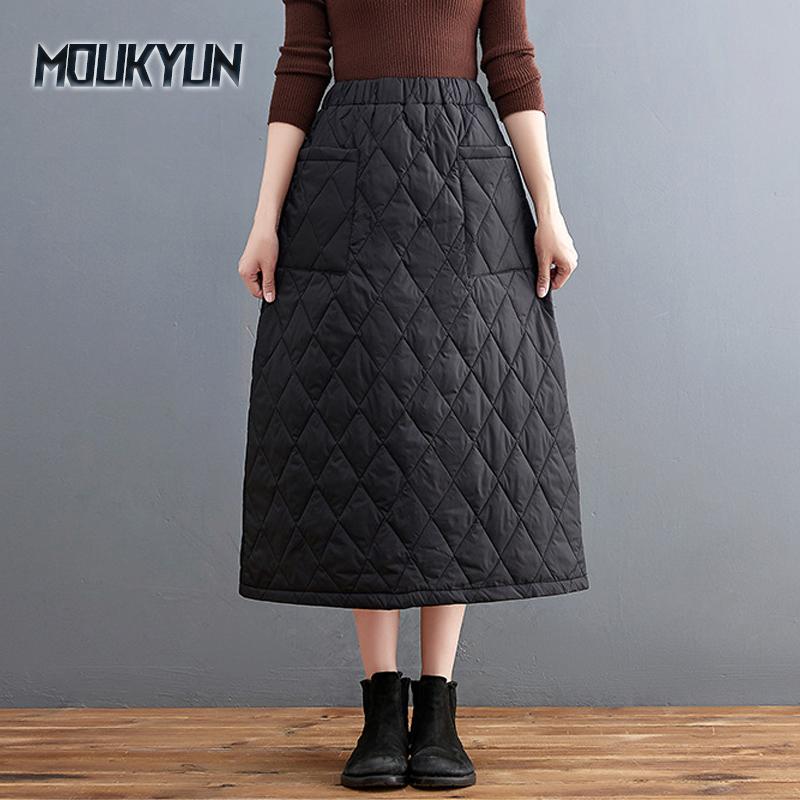 Winter and Autumn New Thickened Warm Cotton Elastic High Waist Slim Pocket Skirts Black