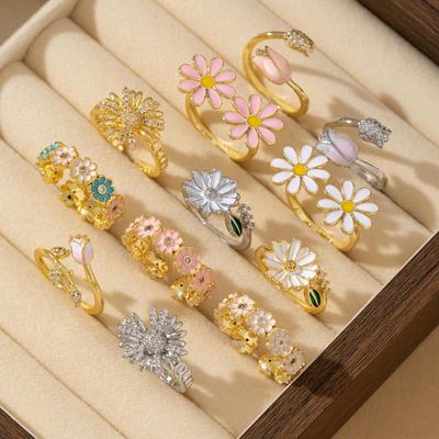 Mori Style Flower Series Adjustable Gold Plated Eco-Friendly Women's Ring Set with Niche Design