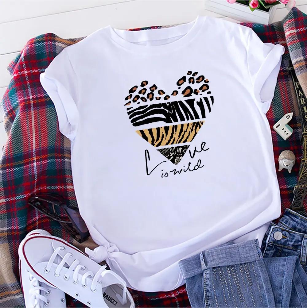 Womens Leopard Print Heart Letter Printed Short Sleeved Round Neck Tshirt Women Casual Comfortable Fashion T Shirts Clothing S