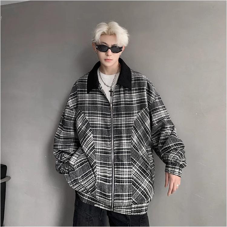 Men s Japanese Retro Black & White Striped Lapel Jacket - Autumn/Winter Casual Zipper Outerwear. Medium