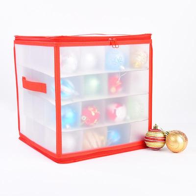 Double-sided Frosted 64-Compartment Foldable Christmas Ornament Storage Box with Corrugated Divider and Double Zipper