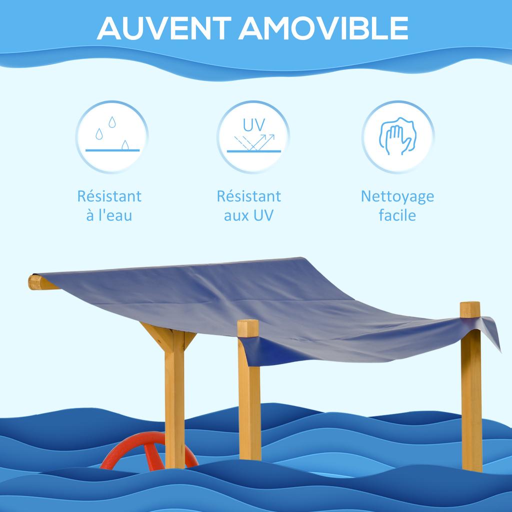 Sabbiera in Legno per Bambini, Sabbiera per Bambini Nave Pirata, Stazione Gioco Barca di Sabbia per Esterno con Tettoia Ombreggiante Panca Contenitore Fondo Rivestito