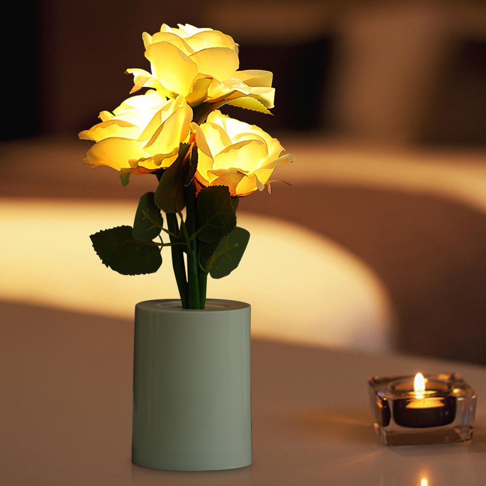 3 Head LED Chinese Rose Table Lamp Creative Bedside Night Light Simulation Flower Decorative Desk Lamp for Bedroom Living Room