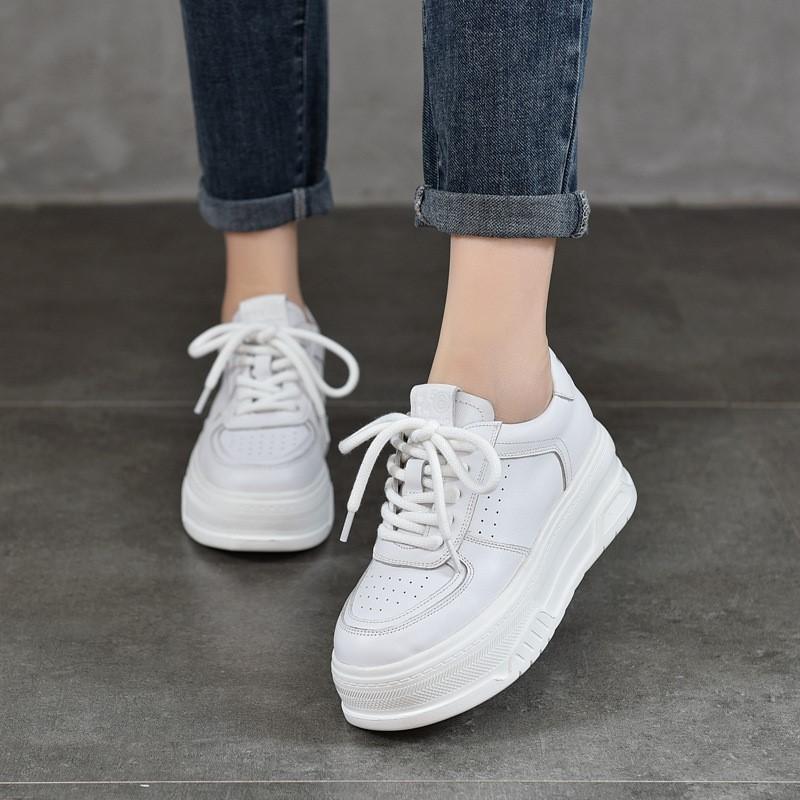 Johnature Genuine Leather Thick Sole Height Increasing White Shoes For Women Casual Flat Platform Shoes