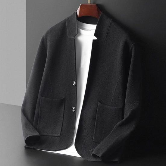 Gola Alta Manga Comprida Bolsos Abotoamento Simples Jaqueta Tricotada Masculina Primavera Outono Cor Sólida Blazer Casaco Masculino