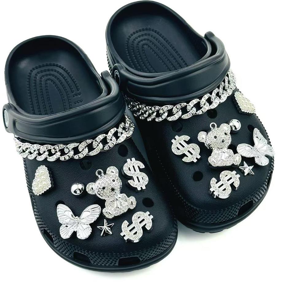 16PCS Fashion Shoe Charms Set Silver Diamond Bear Butterfly Chain Shoe Decorations Buckle for Sandals Clogs DIY Accessories Gift