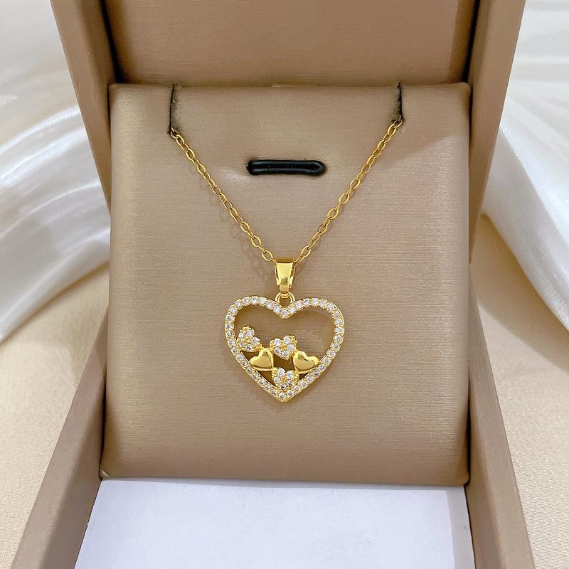 Stainless Steel Chain Necklaces for Women Simple Hollow Love Heart with Zircon Pendant Necklace Trendy Collar Accessories Gifts
