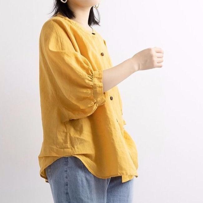 Summer Cotton and Linen Shirt Women's Lantern Sleeves Retro Artistic Top Loose Middle Sleeves Plus Size Shirt Women