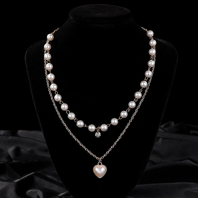 Pearl double-layer love necklace light luxury high-grade multi-layer titanium steel sweater chain imitation pearl collarbone chain neck chain female
