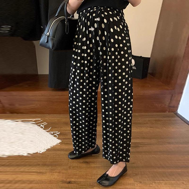 

2024 Летние льняные хлопковые брюки в горошек для беременных с широкими штанинами и завязками XL [120-145 cm] чёрный