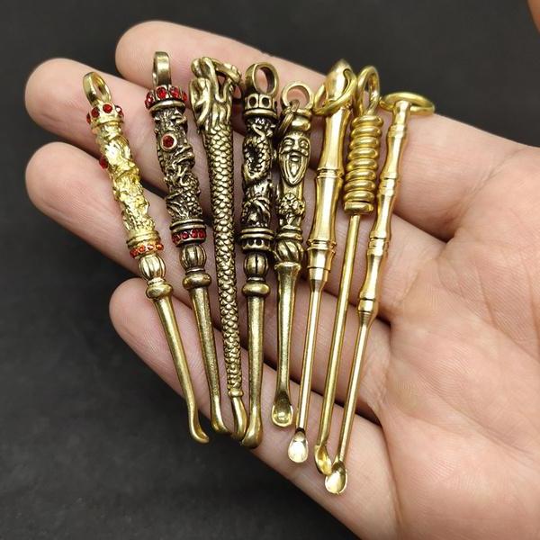 

New Vintage Brass Mini Spoon Shovel Spoon for Sniffer Bottle Tool Key Chain Ear Pick Cleaning Tool Accessories Wax tool 2