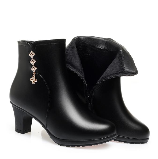 Comfort Fashion Soft Leather Winter Shoes Women's Thick Plush Snow Boots Elegant Black Block High Heels Ankle Office Mom Boots