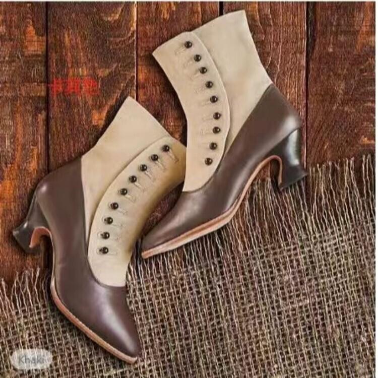 Color Matching Button Medium Tube Women's Boots Spring and Summer New European and American Style Pointed Horseshoe and Medium Heel Women's Boots