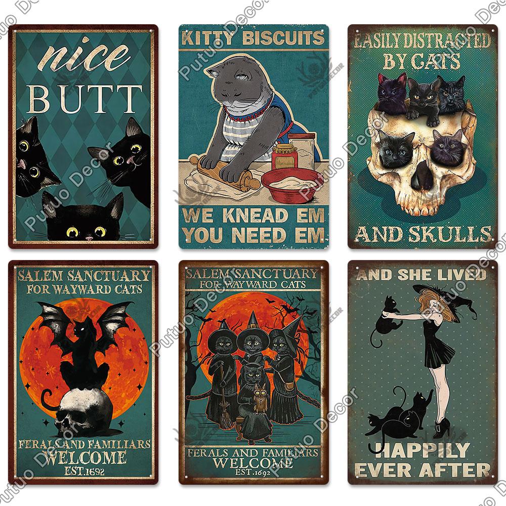 Putuo Decor Black Funny Cat Metal Sign Vintage Plaque Metal Retro Animals Tin Poster for Living Room Home Decoration Wall Decor