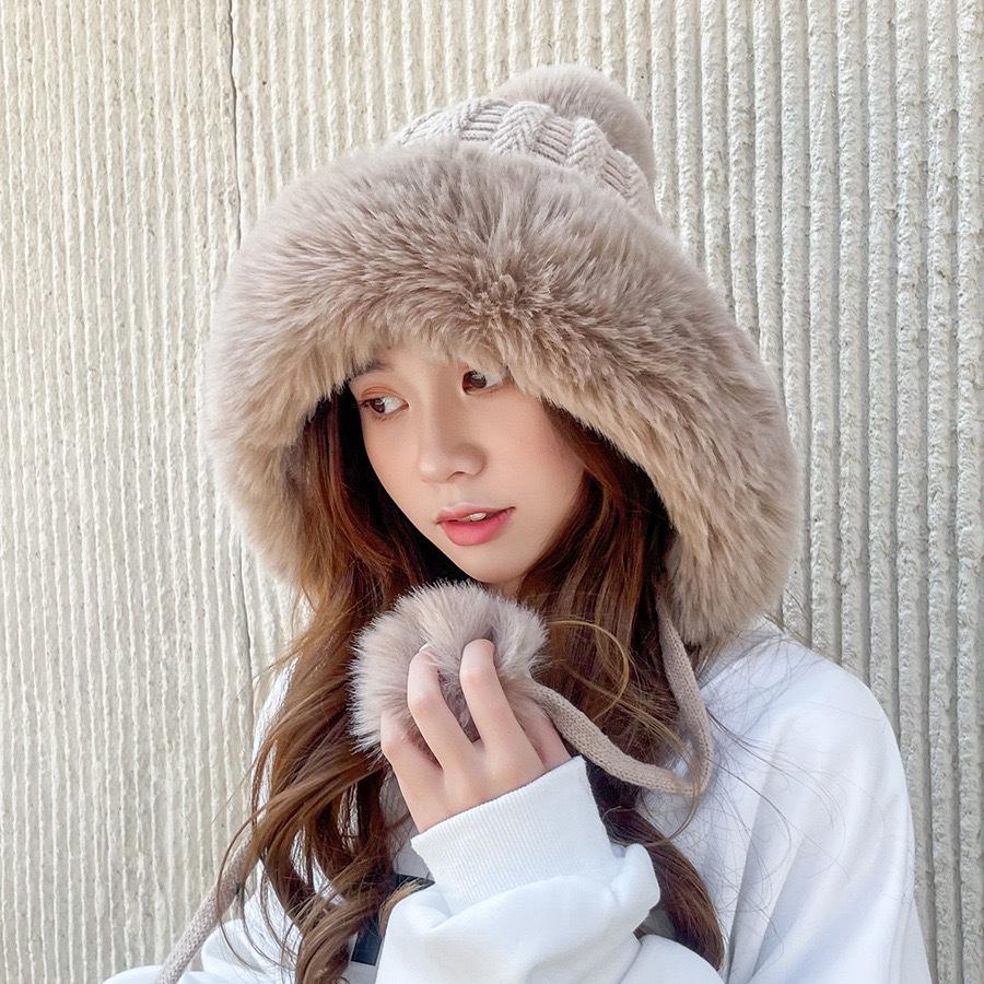 Women's Korean Style Plush Antler Pom-Pom Winter Hat with Ear Protection