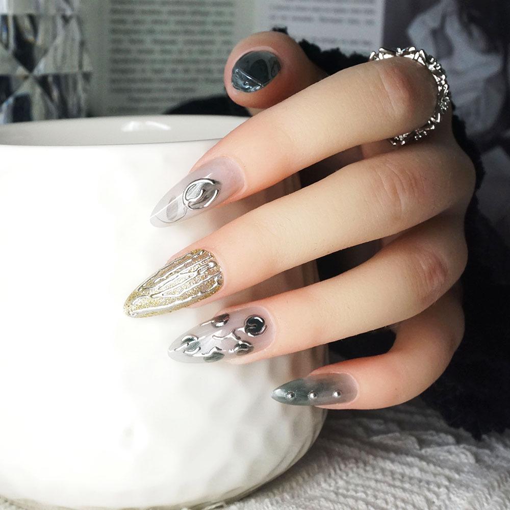 Ink Wash Gradient Embossed Press-On Almond Nails – Medium-Long, High-End Style. X07 【Jelly Version】