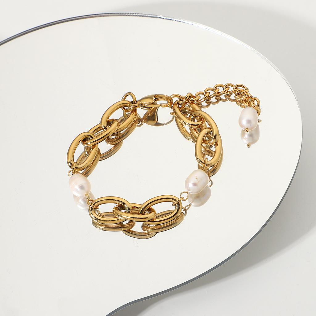 High Quality 18K Gold Plated O-Shaped Adjustable Lager Link Chain Stainless Steel Pearl Bracelet Jewelry Femme