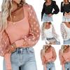 Frauen Frühling Mesh Puff Langarm Rippen Gestricktes Hemd Lose Beiläufige Tupfen Bluse Tops Elegante Rollkragen Party Clubwear