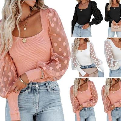 Women Spring Mesh Puff Long Sleeve Ribbed Knitted Shirt Loose Casual Polka Dots Blouse Tops Elegant Turtleneck Party Clubwear