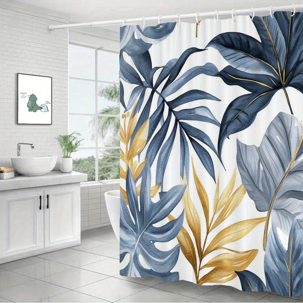 1Pc Blue Teal Gold Tropical Shower Curtain - Polyester Fabric, Machine Washable, With Hook, Suitable For Bathroom Decoration