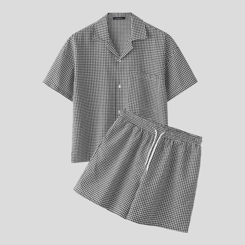 

INCERUN 2PCS Men Plaid Short Sleeve Shirts Shorts Casual Outfits Sets Home Wear XL чёрный