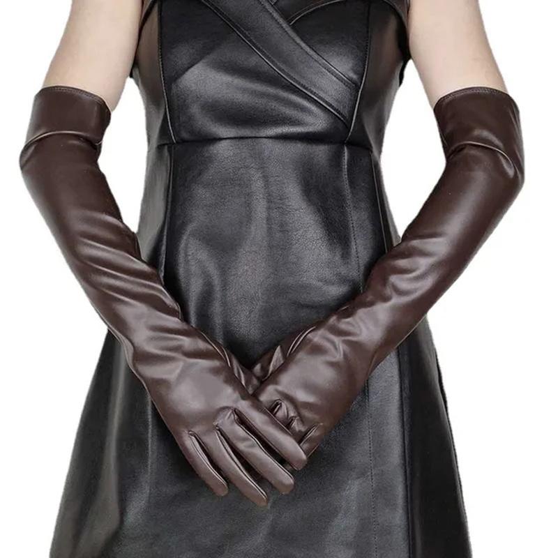Lady Winter Women Warm Full Finger Touch Screen PU Leather Mitten Female Silky Inside Long Dress Etiquette Elbow Glove G203
