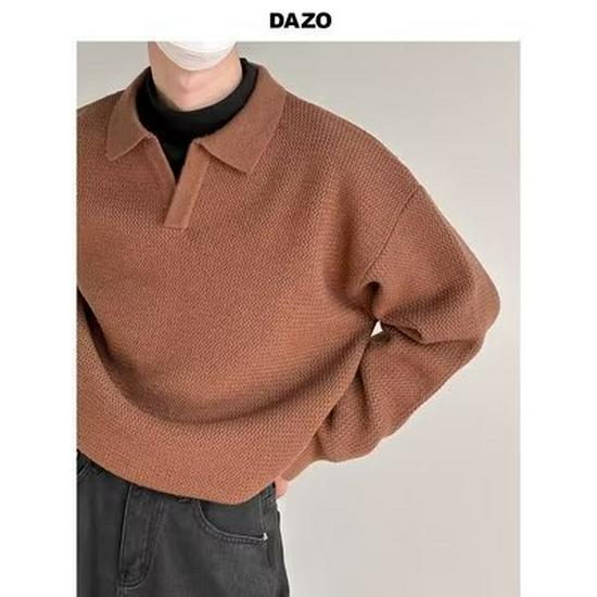 

Men s 2024 Trendy College Style Colorblock Polo Shirt - Embroidered American Retro Loose Cardigan Sweater XL кавовий