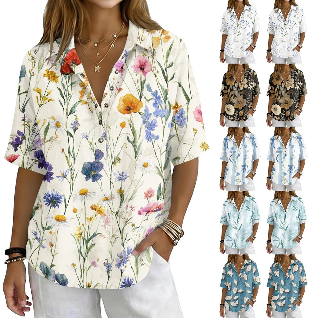 Women Vintage Floral Print Short Sleeve T Shirt Loose Fit Polo Collar Button Down Cotton Linen Blend Casual Top