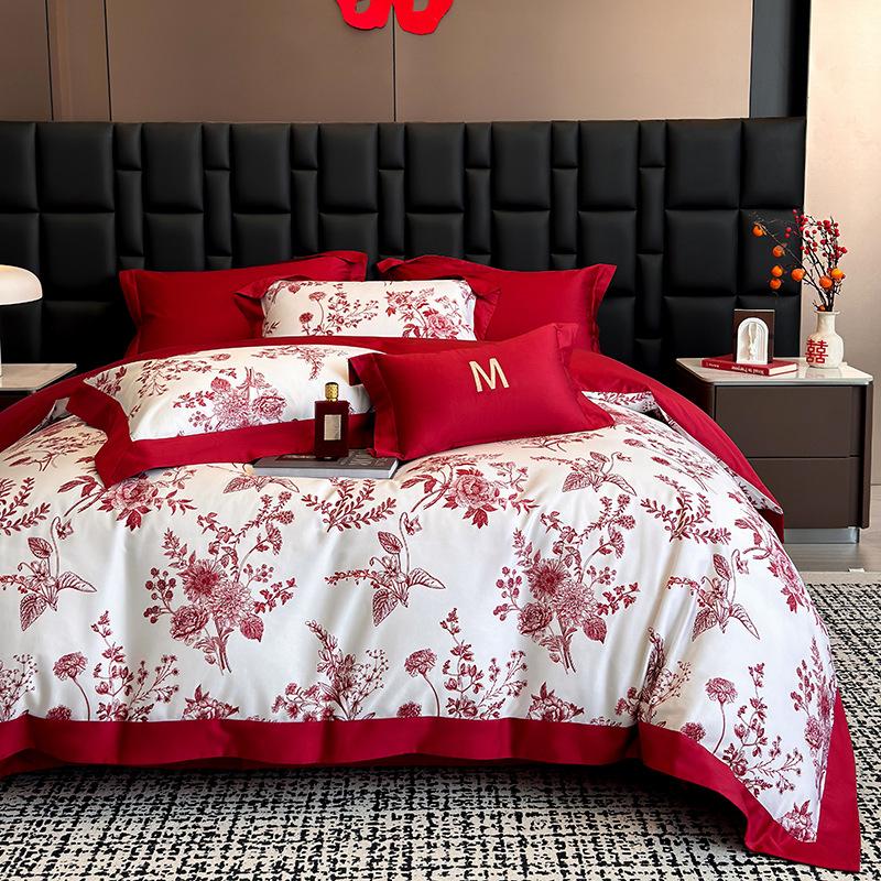 Light luxury wedding big red hollow cotton four-piece set high-count long-staple cotton wedding room happy quilt wedding bedding