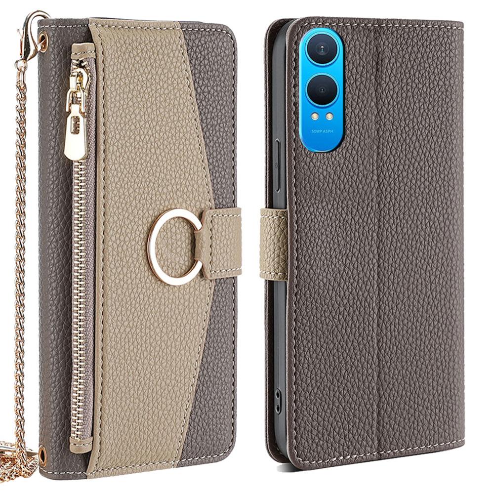 

Для OnePlus Nord CE4 Lite 5G/Oppo K12x 5G (Китай) Case Mirror Wallet Leather Phone Cover with Chain Shoulder Strap Grey