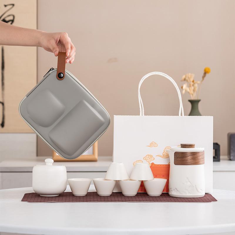 High-grade Suet Jade Porcelain Travel Tea Set, Outdoor Portable Set, Light Luxury Guochao, a Pot of 36 Teacups, Business Gifts