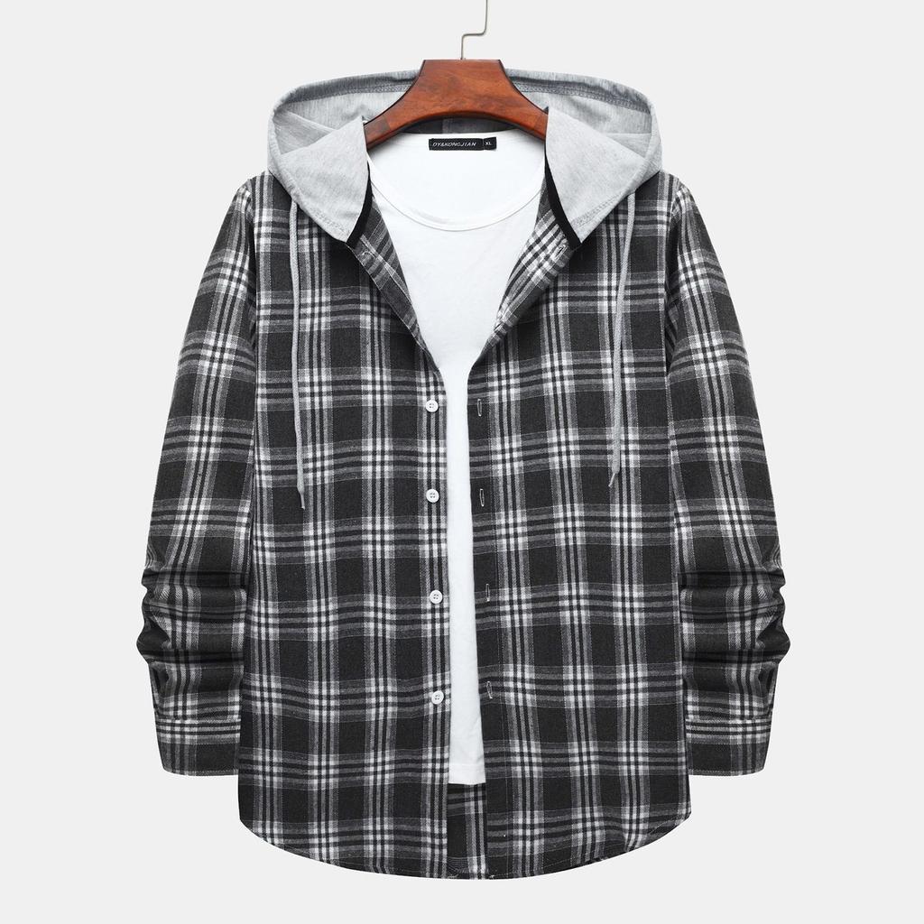 Autumn New Men's Casual Fashion Couple Hooded Plaid Long Sleeve Shirt Trend