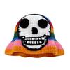 Striped Skull Design Crochet Bucket Hat Crocheted Acrylic Knit For Outdoor Stretchy Unisex Fit