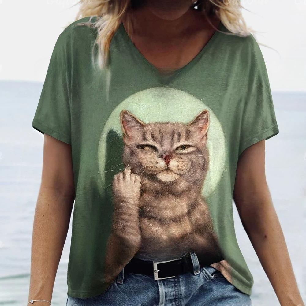 T-Shirts Women's Fashion T-Shirt Cat Print Casual Comfort Short Sleeve Crew Neck Pullover Clothing