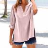 Women's Fashion Loose Standing Collar Button Split Cotton Linen Seven Sleeve T-Shirt Top