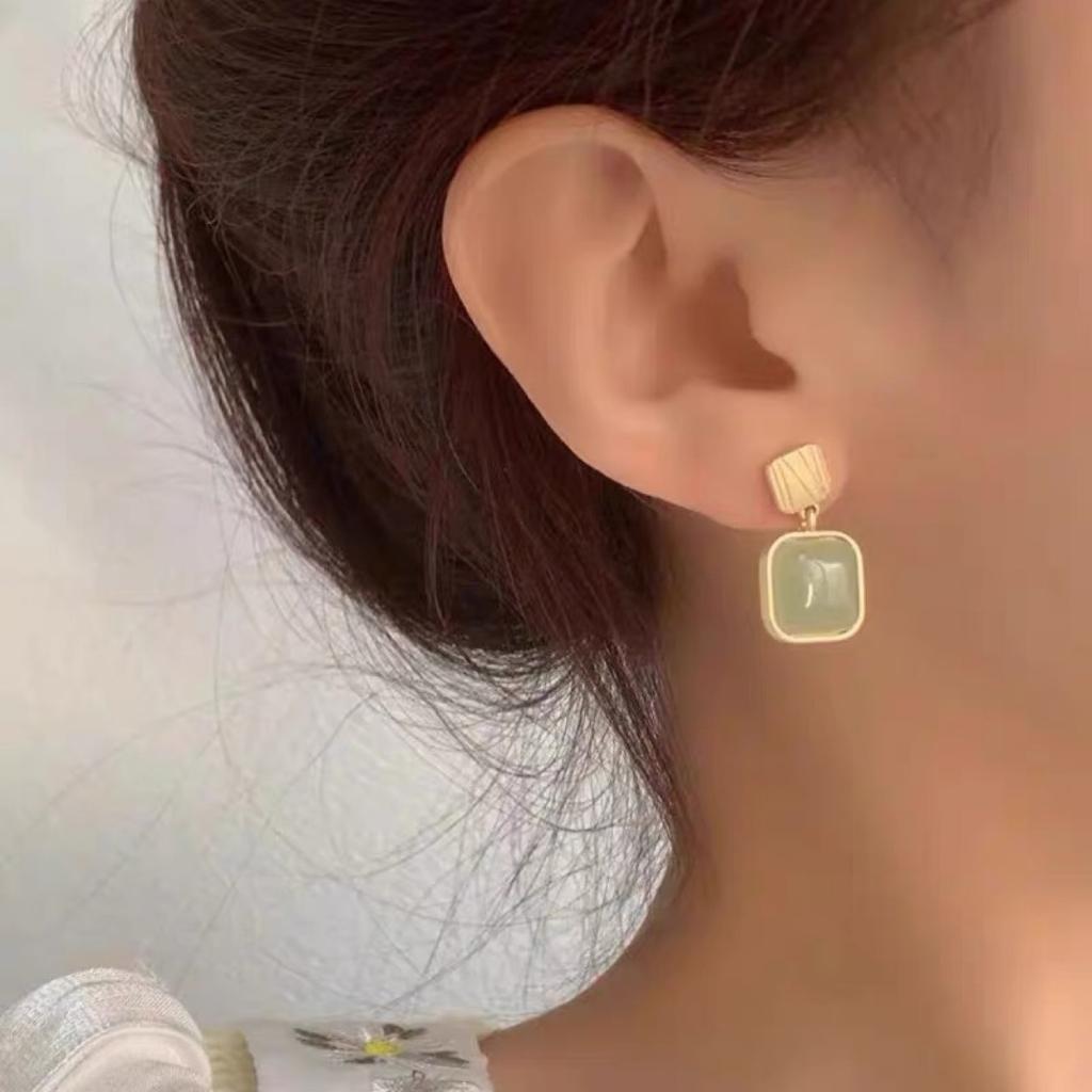 Imitation Jade Green Stone Square Drop Earrings For Women Jewelry Brincos Boho Gift