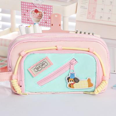 New Contrast Color Pen Bag Handheld Dachshund Stationery Bag Large Capacity Four-Layer Pencil Case Gift