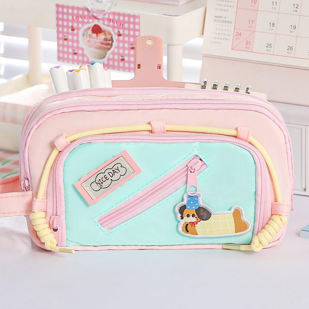 New Contrast Color Pen Bag Dachshund Four-Layer Pencil Case Large Capacity Handheld Pen Box School Office